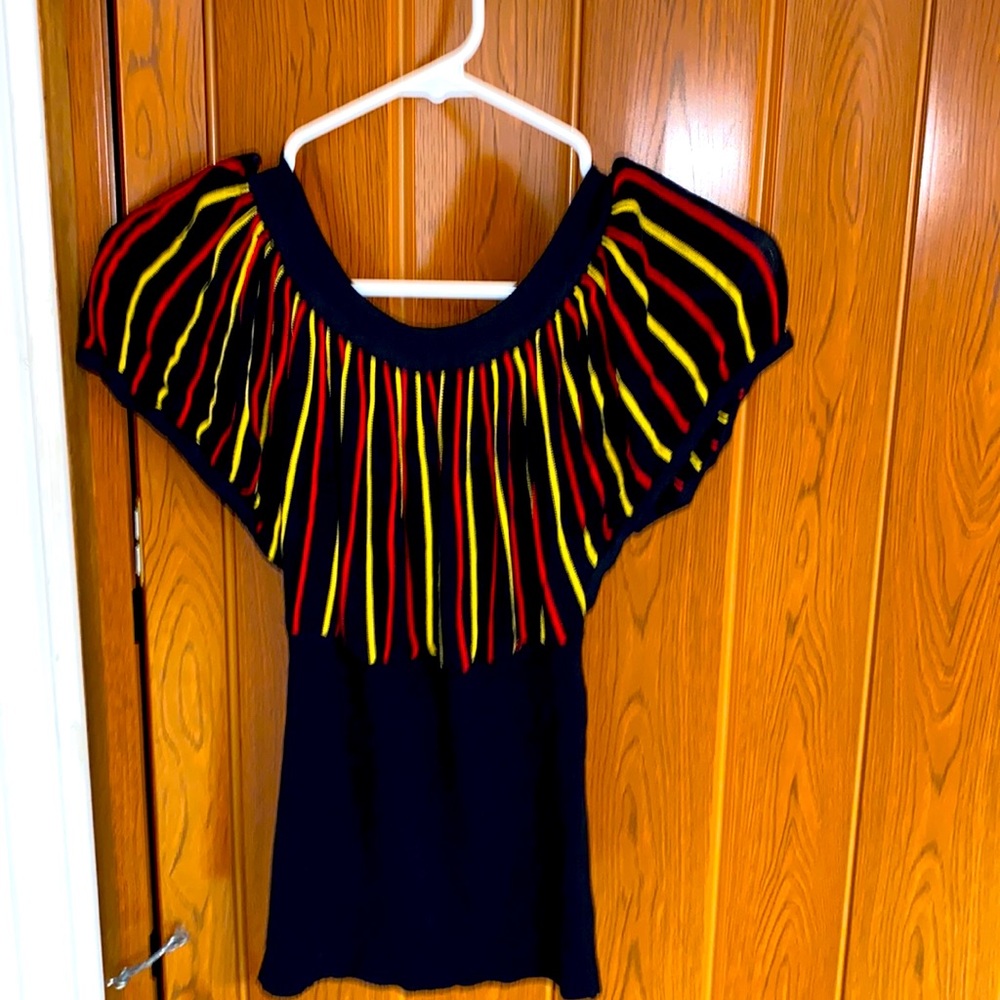 Vintage alLadies top in black with yellow/red stripes. Ribbed for snug fit.